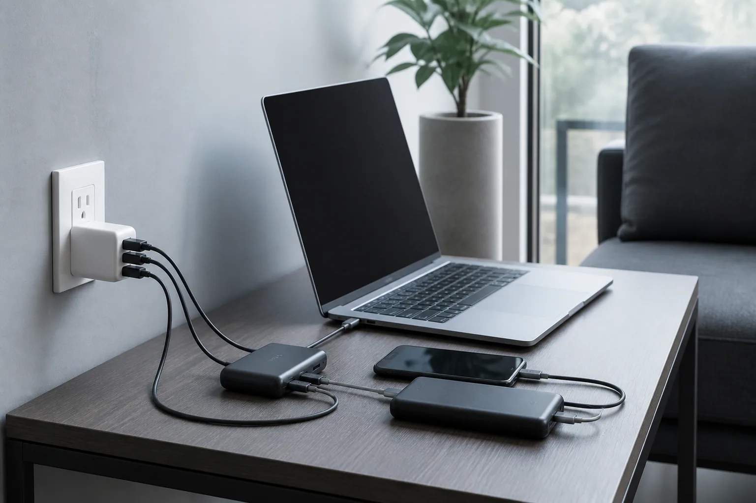 One outlet, three devices: a commuter charging plan editorial illustration
