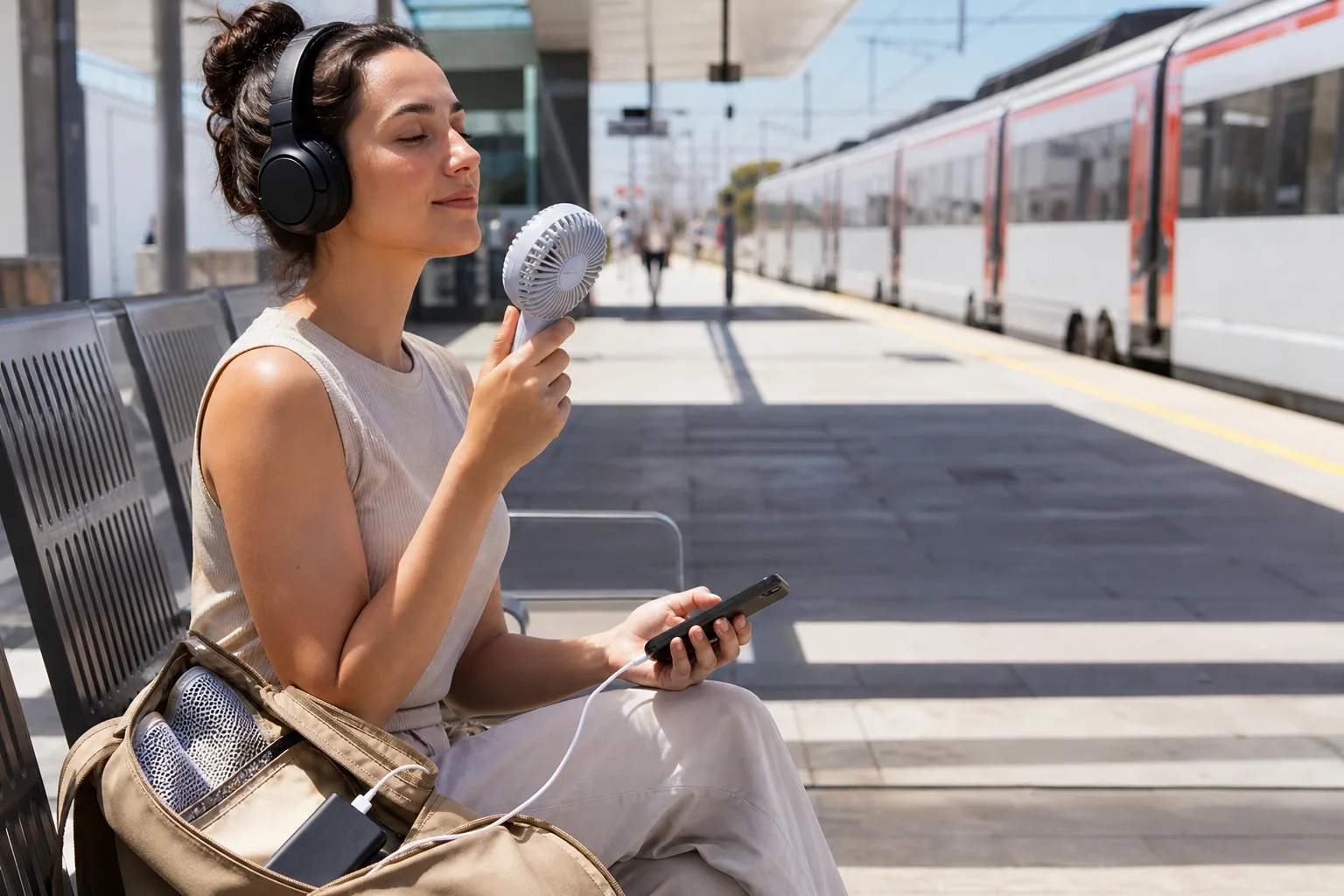 The summer commute kit: fan, power bank, and headphones editorial illustration