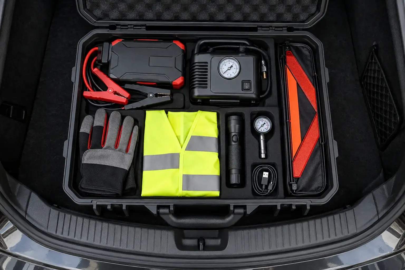 A complete roadside emergency kit built around one storage case editorial illustration