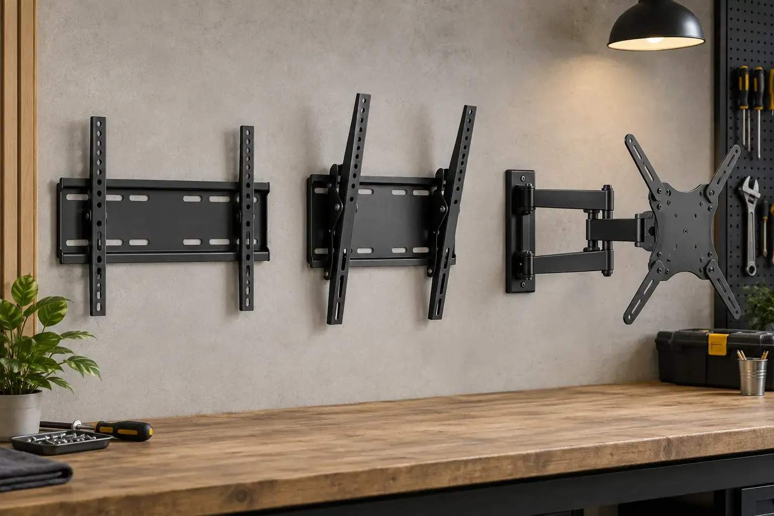 Fixed vs tilting vs full-motion TV mounts: choose by the room editorial illustration